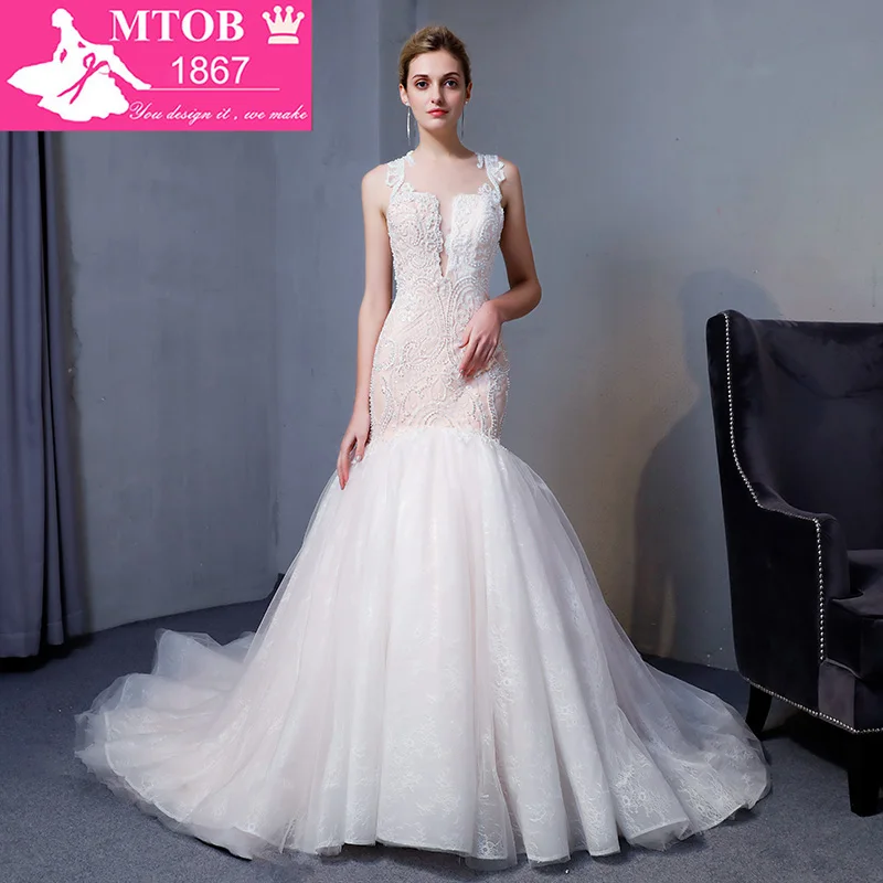 

Fashionable Elegant Mermaid Wedding Dress 2019 Sexy Luxury Champagne Vestido De Casamento Sheer Vintage Bride Gowns MTOB1802