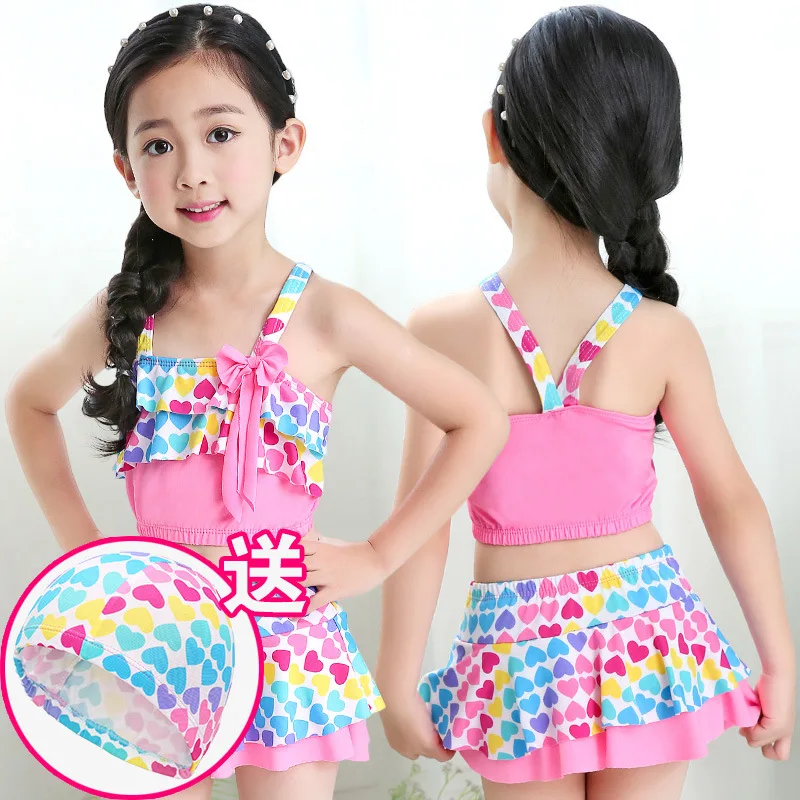 Girls Two Pieces Swim Suits With Cap Children Swimwear Kids Bathing