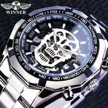 Winner Black Silver Clock Steampunk Skull Design Luminous Hands Automatic Transparent Watches for Men Top Brand Luxury