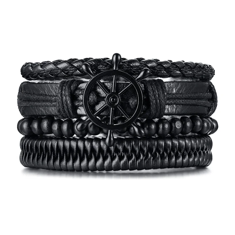 Oktrendy Mix 4Pcs/Set Braided Wrap Leather Bracelets for Men Women Vintage Wooden Beads Ethnic Tribal Wristbands Bracelet Rudder