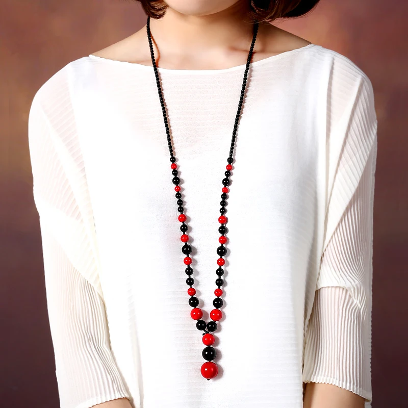 

Simple Pure Handmade Exotic Jewelry Red And Black Long Necklace New Ethnic Chinese Wind Pendants Vintage Necklace