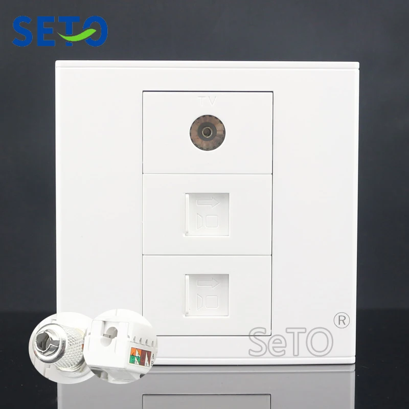 

SeTo 86 Type Double Gigabit Network RJ45 Cat6 + One TV Connector Wall Plate Socket Keystone Faceplate