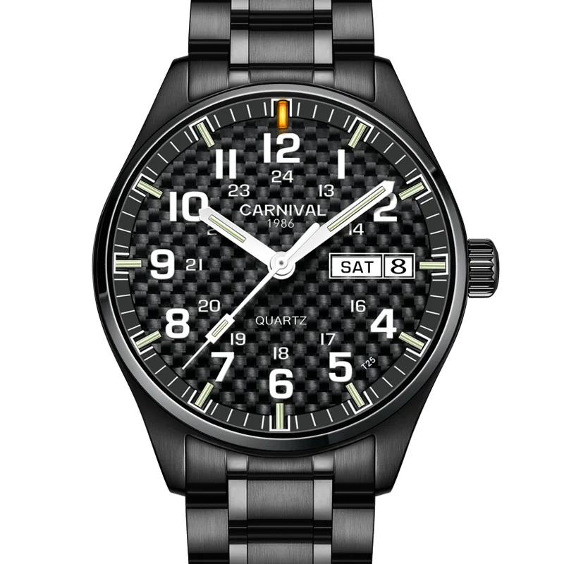 

Carnival Tritium T25 Gas Luminous Quartz Watch Men Double Calendar Waterproof Military Waterproof Clock Full Stainless Steel