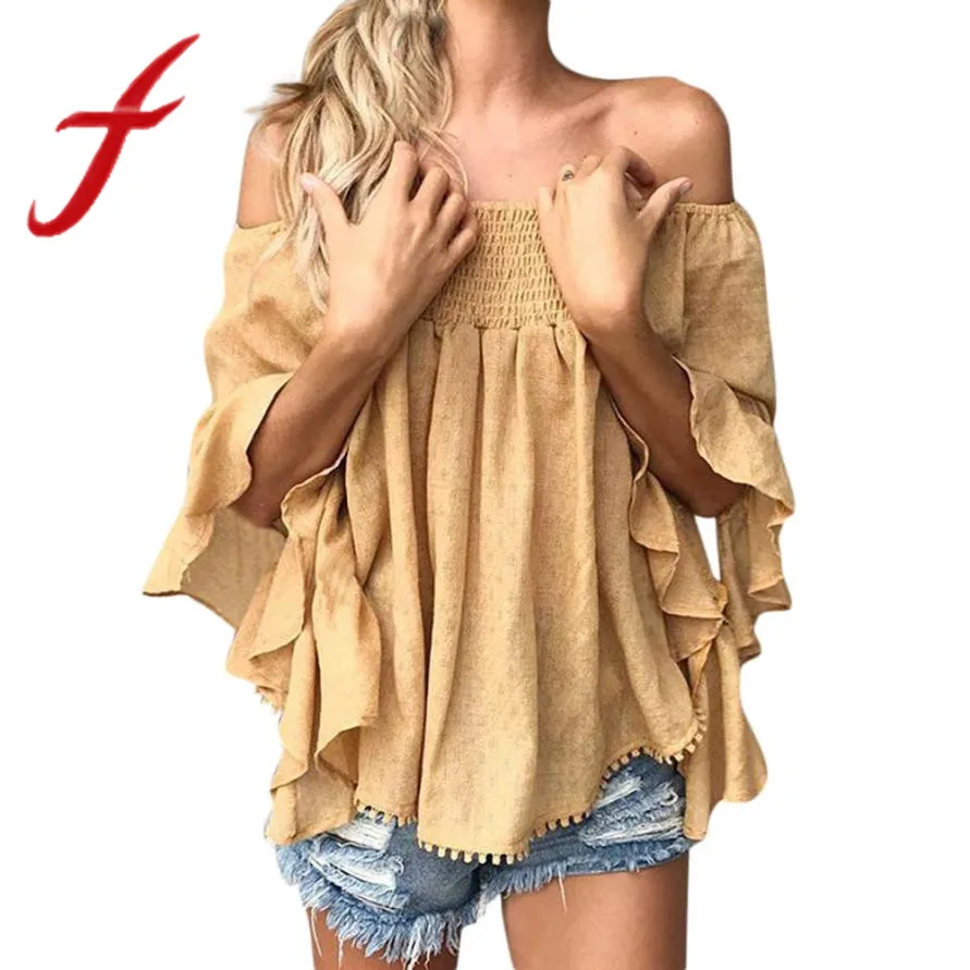 

Feitong Women Ladies Blouses Sexy Irregular Off Shoulder Slash neck Tassels Long Sleeve Loose Tops Blouse Blusas feminina 2019