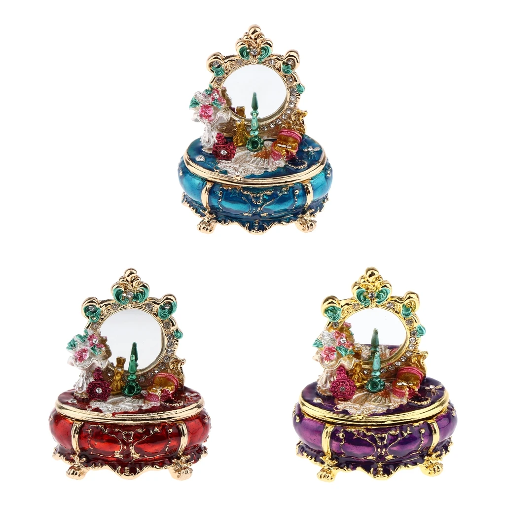 

1/12 Metal Jewelry Box Dressing Table Dollhouse Miniatures, Vintage European Style Metal Jewelry Case with Mirror