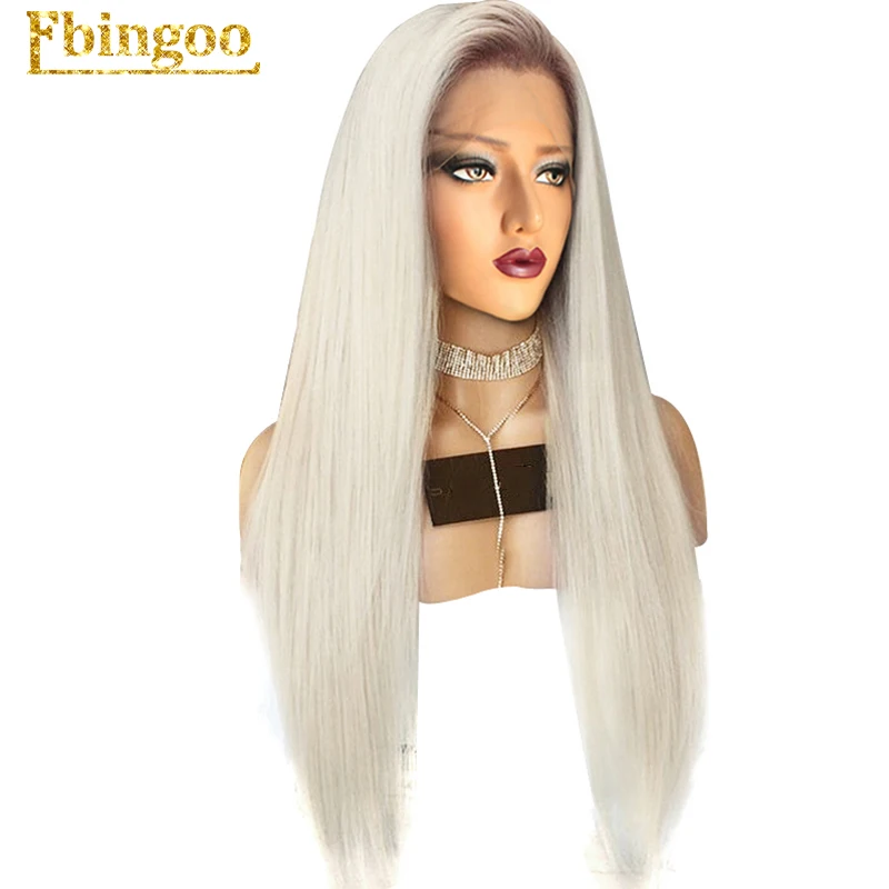 

Ebingoo Platinum Blonde Ombre Dark Roots Middle Part Natural Long Straight Synthetic Lace Front Wig For White Women