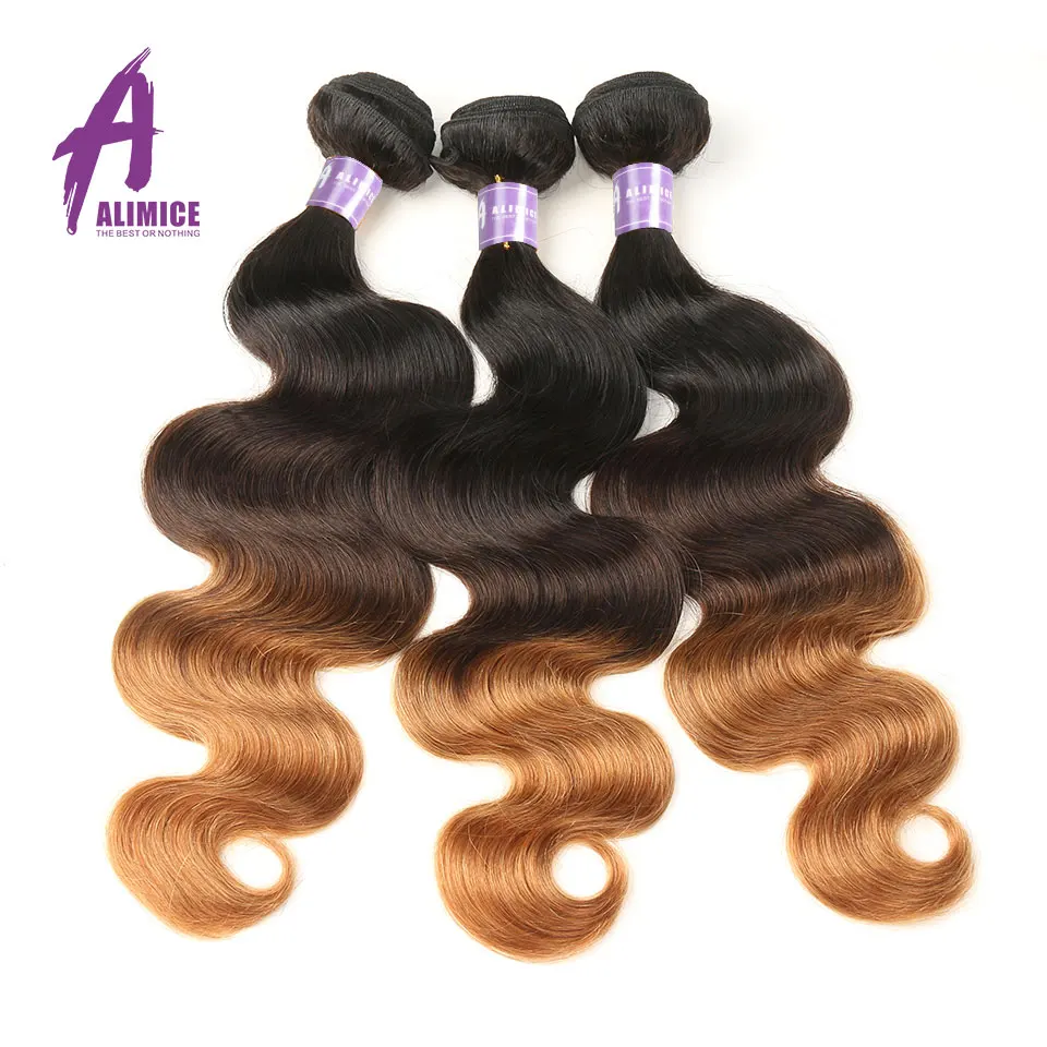 Alimice Ombre Bundles With Closure Peruvian Body Wave T1B/4/30 Color 100% Human Hair Weaves 3 Tone Non Remy Hair Extensions
