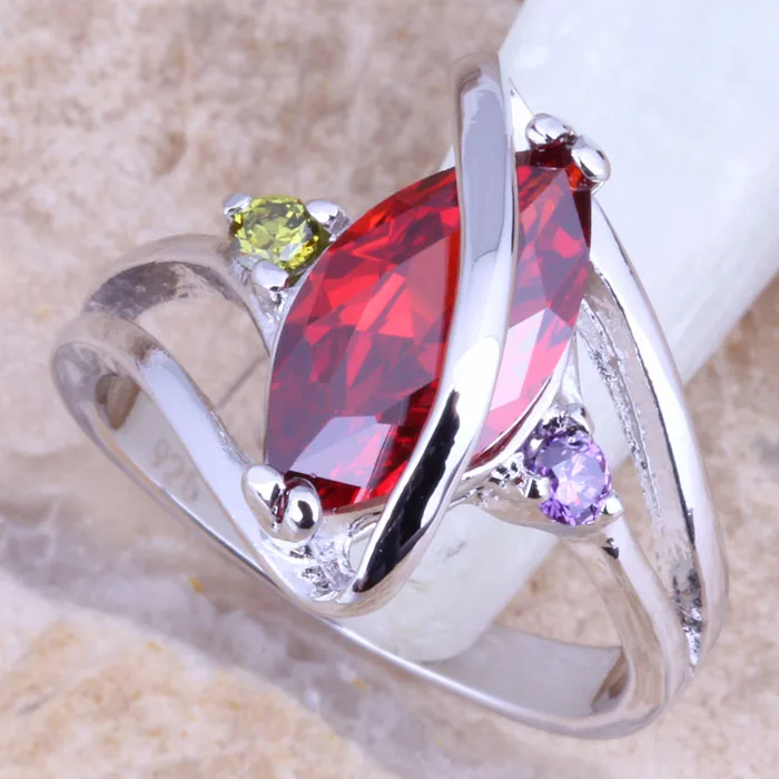 Valuable Multigem Red Silver Plated Women's Ring Size 6 / 7 / 8