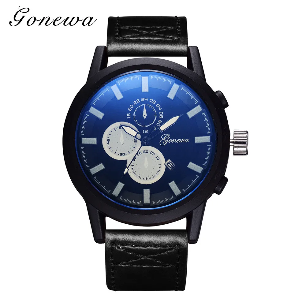 

GONEWA Men's Leather Watch #GON030 Simple with 3 Rings Calendar Dial Dial Quartz Business Wrist Watch relogio feminino A60