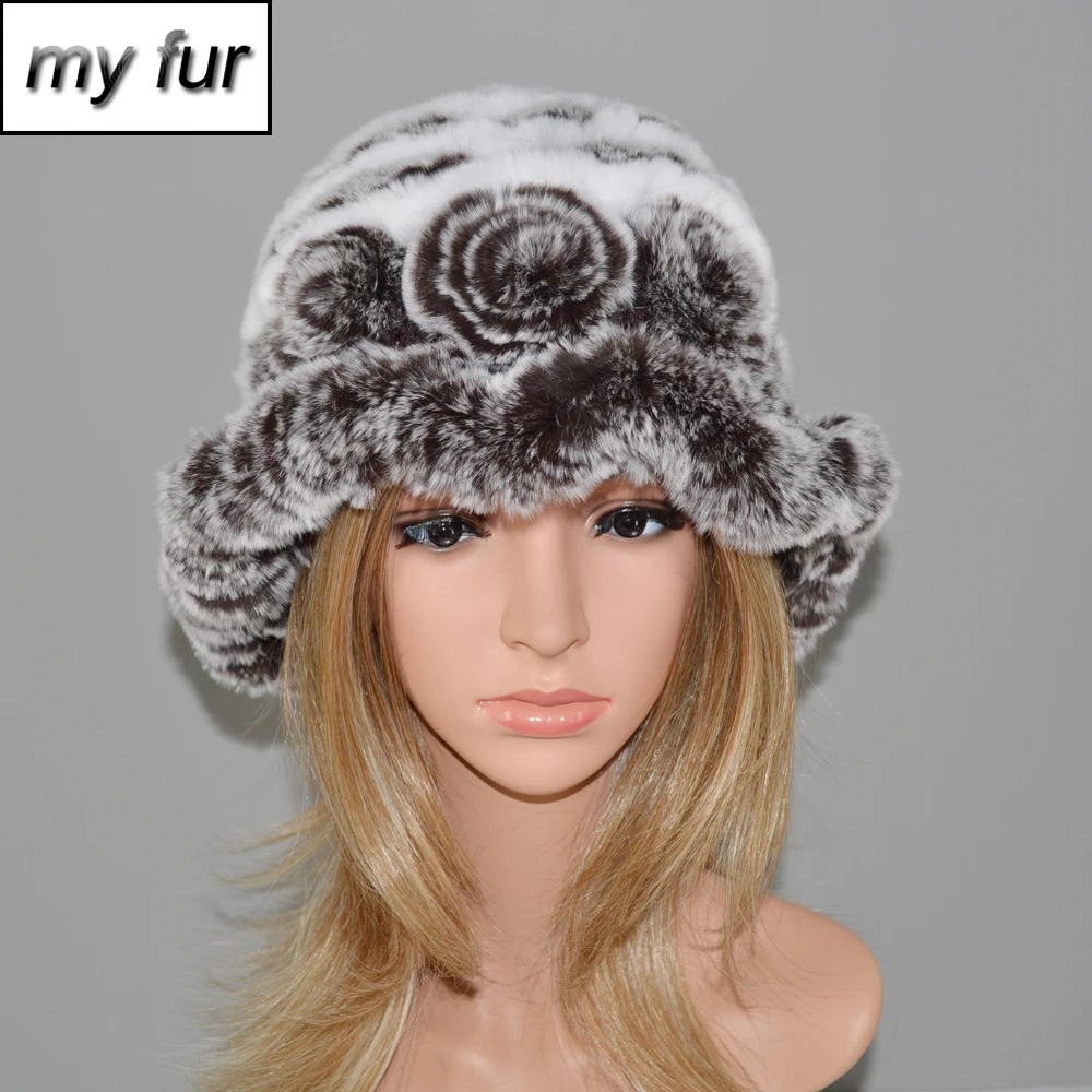 

2019 New Winter Luxury Women Flowers 100% Natural Rex Rabbit Fur Hats Warm Knitting Real Rex Rabbit Fur Caps Fur Beanies Hats