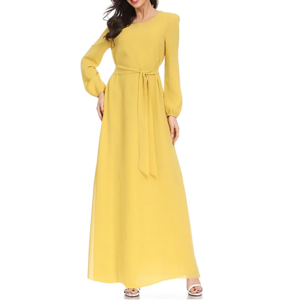 

Muslim Maxi Dress Trumpet Sleeve Abaya Long Robe Gowns Tunic Belt abaya dress dubai moroccan kaftan islamic dress kaftan vogue