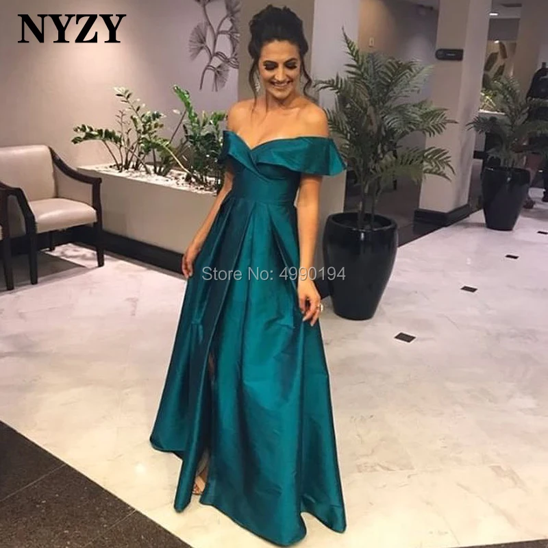 

NYZY E123 Vestido Formatura Off Shoulder High Slit Teal Satin Dress Evening Formal Dress Women Elegant Robe Soiree galajurk