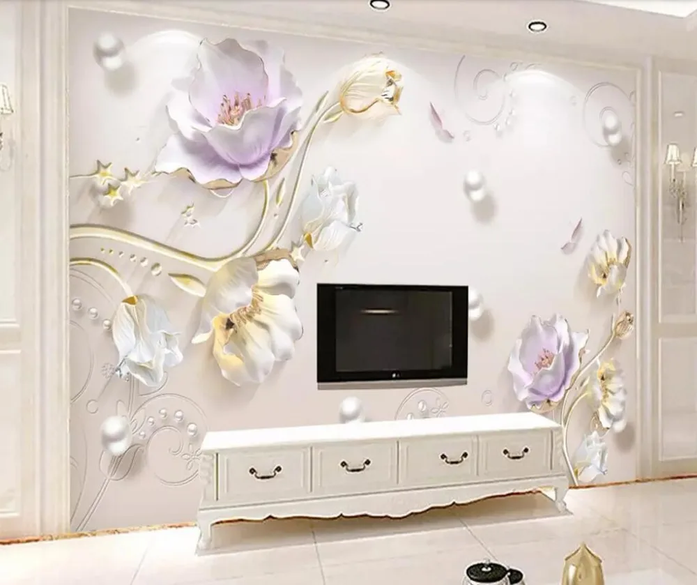 Papel de parede personalizado 3d mural jóias em relevo simples moda novo estilo chinês tulipa fundo ouro rendas jóias flor murais 10