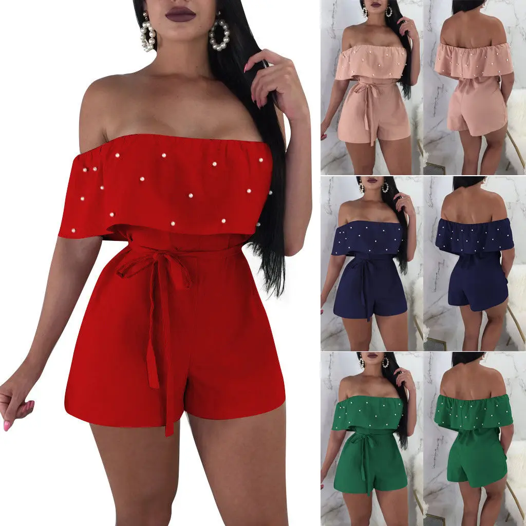 

2018 Fashion Casual Women Ladies Summer Party Jumpsuits 4 Style Off Shoulder Short Sleeve Beading Solid High Waist Jumpsuits