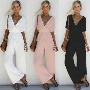 

Summer Elegant Women Solid Jumpsuits OL Work Wide Leg Pants Casual Loose Deep V-neck Short Sleeve Loose Rompers
