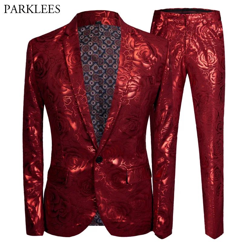 

Red Floral Bronzing 2 Piece Suits With Pants 2018 Brand New Single Breasted Tuxedo Suit Men Wedding Party Stage Costume Homme