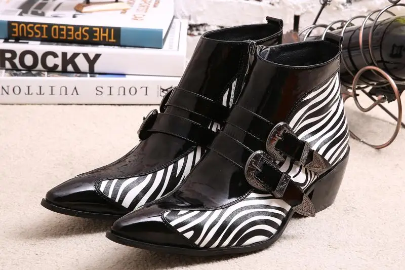 

Men Pointed Toe Buckle Dress Boots Zebra Strip Height Incease Men High Heels Leather Boots