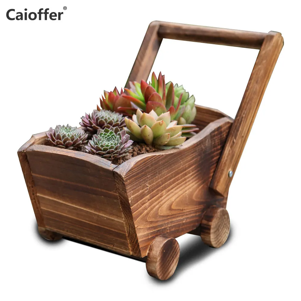 Caioffer Handmade Wooden Pot Floor Stand Mini Flowerpot For Cactuses Succulent Flowers Plant Cartoon Cart Style Bloempot 37*17cm