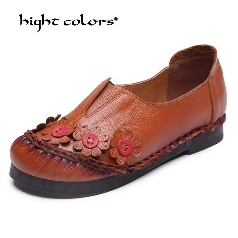 

Handmade 2019 Spring Autumn Vintage Comfortable Women Genuine Leather Flats Women's Shoes round toe Flower Slip On Loafers