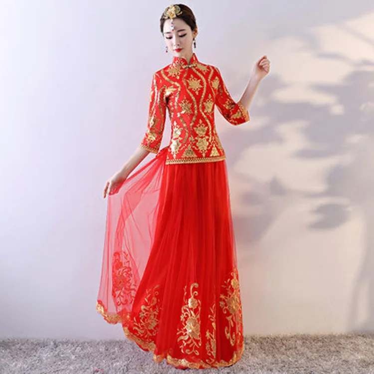 2018 красный Cheongsam Сексуальная Qipao платья Длинные Китайский традиционный свадебное платье Oriental свадебные платья невесты традиции