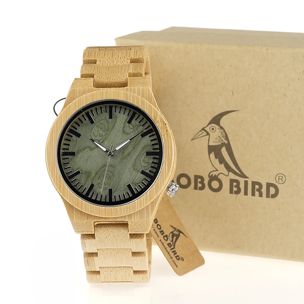 Bobobird B22 Mens Top Brand Design Green Wood Dial Full Bamboo Wooden Quartz Watches Japan 2035 Miyota Movement