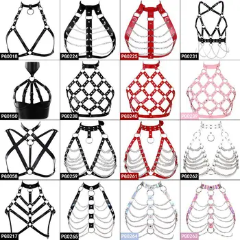 

Leather Bra Harness Strap Top Cage Chain Metal Hollow Out Lingerie Body Caged Rivet Punk Pastel Goth Sexy Dance Festival Rave