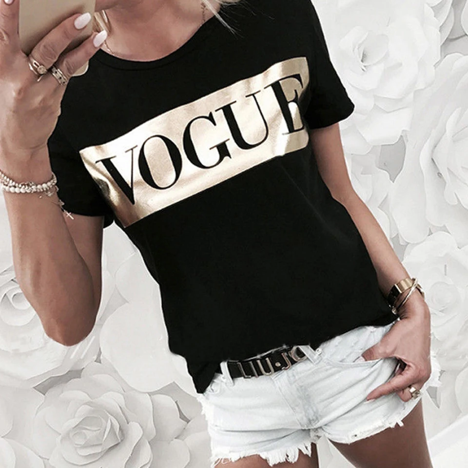 Vogue Футболка с буквенным принтом Для женщин летние топы Vetement Femme 2019 золото черно