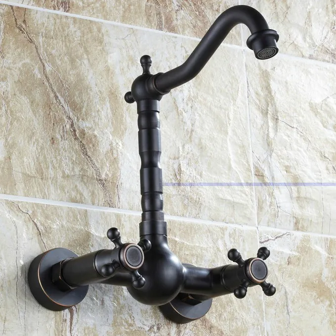 Black Oil Rubbed Bronze Wall Mounted Dual Cross Handles Swivel Spout Bathroom Kitchen Sink Faucet Cold & Hot Mixer Tap asf072