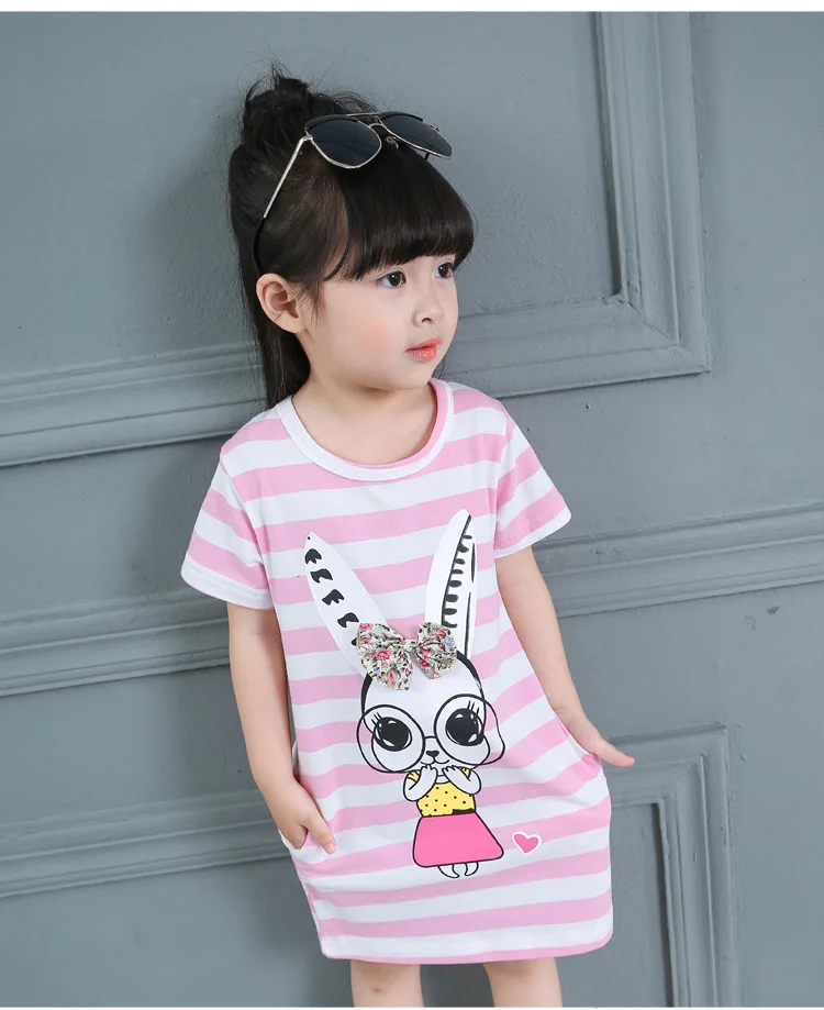 holitie Toddler Kid Baby Girl Rabbit Cartoon Striped Printed Party Princess Dress
