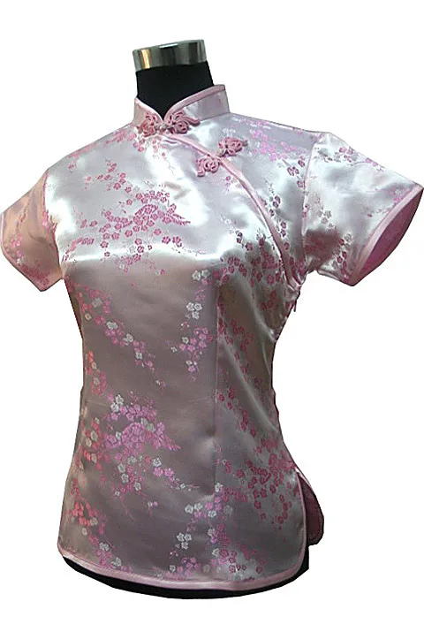 Stylish Pink Traditional Chinese Silk Satin Blouse Women Summer Vintage Shirt Tops New Flower Clothing S M L XL XXL WS012