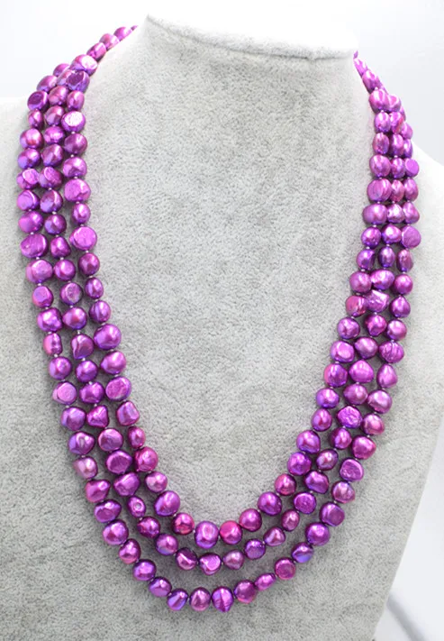 

3rows deep purple freshwater pearl baroque 8-9mm necklace 19-21inch wholesale beads nature FPPJ