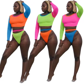 

2019 Sports and leisure 2-piece beach women full sleeved O-neck short diving suit and bikini bottoms high elasticity fast drying