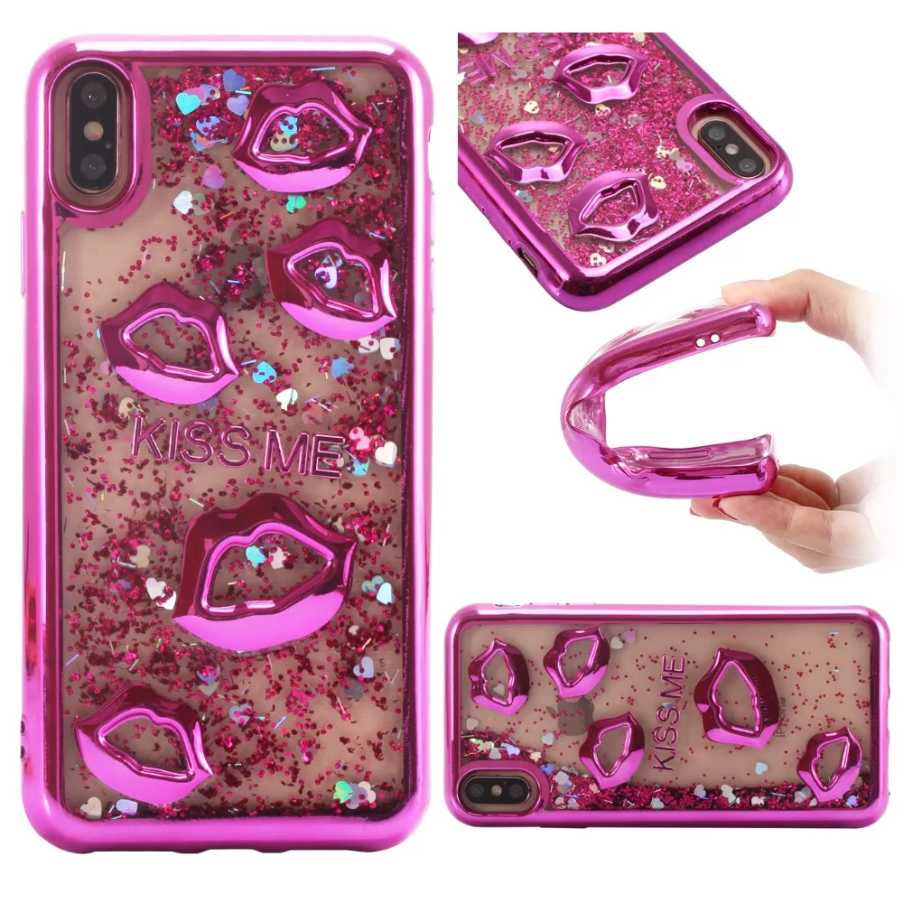 

XCZJ Kiss me Love heart Quicksand case for iPhone 7 8 Bling Glitter Sparkle Flowing Liquid TPU cover for iPhone X Xs XR Xs max