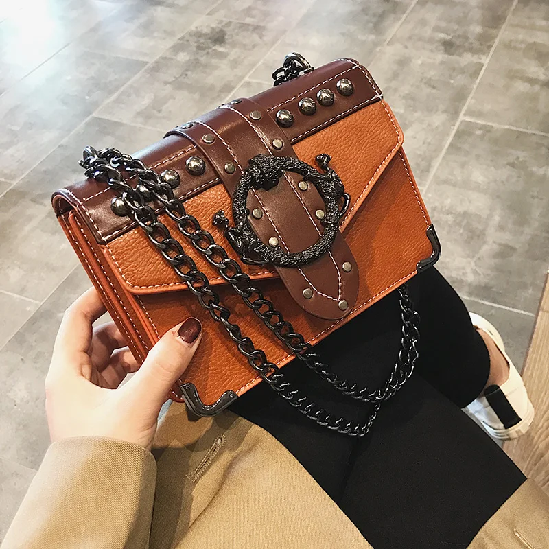 

New Messenger Bags For Girls Rivet Leather Chains Hasp Flap Bags Round Button Patchwork Multiple Backs Women Small Bags