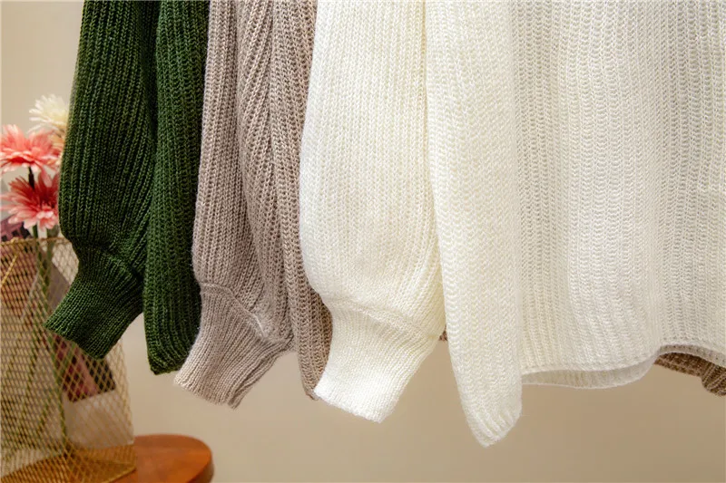 2018 Autumn Winter Sweater Women Pullover Jumper Long Sleeve O-Neck Knitted Tops Outwear Femme Patchwork Lantern Sleeve Sweater