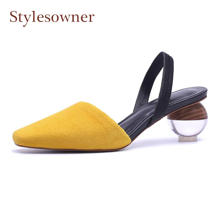 

Stylesowner suede slip on elastic back strap slingback dress shoes transparent crystal round strange heel elegant lady sandals