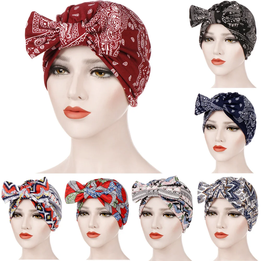 

Women Paisley Floral Pattern Bowknot Turban Hats Slouchy Hair Head Wrap Caps HATQD0031