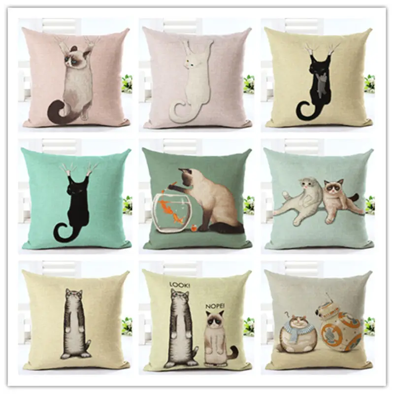 

Fashion Digital Printing Cushion Cover Cartoon Cute Cats Pattern Throw Pillowcase Home Decorative Cotton Linen Cojines