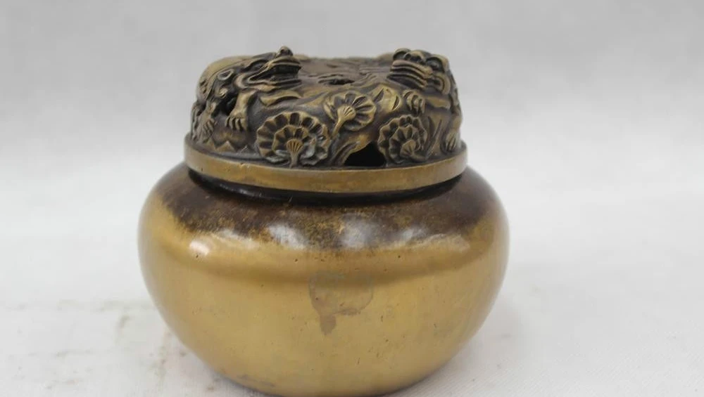 

5"Chinese Marked Folk Pure Bronze Lucky Lion Burner incense burner Pot Statue