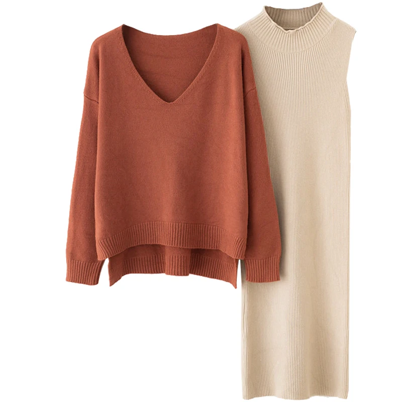 Women 2 Piece Knit Dress Suit 2018 Fall Winter Loose Sweater +fashion