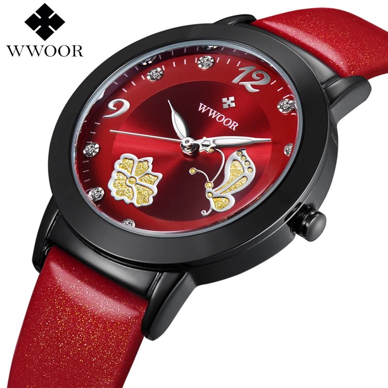

Women Watches Brand WWOOR Flower Butterfly Red Genuine Leather Relogio Feminino Dress Ladies Quartz Wrist Watch Women Clock Gift