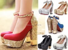 2016 new fashion Sequins strappy thick high heels platform wedding pumps sexy ankle atrap party font