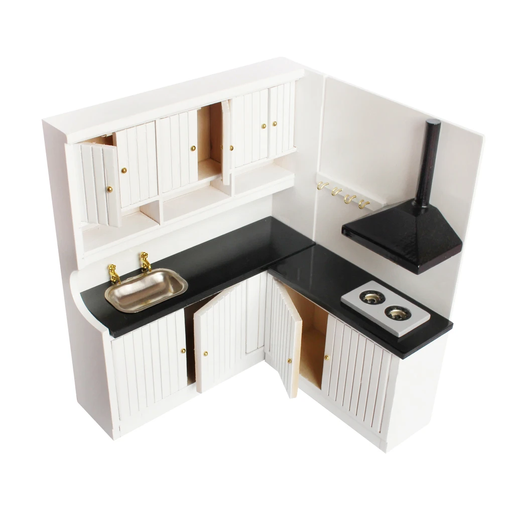 Dollhouse Miniature Furniture Wooden Kitchen Stove Sink Cabinet Cupboard Set