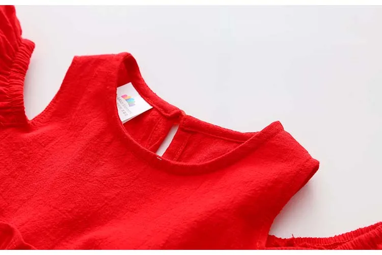 2018 Summer 2-10 Years Children Cotton Solid Red Color Wrap Off Shoulder Little Sexy Girl Strapless Wedding Dress For Girl Kids (5)