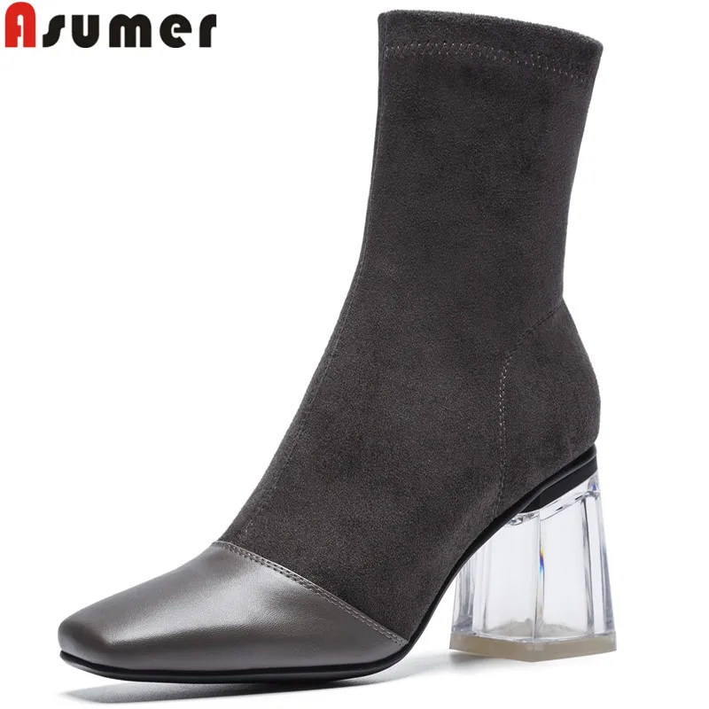

ASUMER 2018 fashion ankle boots square toe stretch fabric+cow leather boots thick high heels ladyprom boots autumn winter shoes