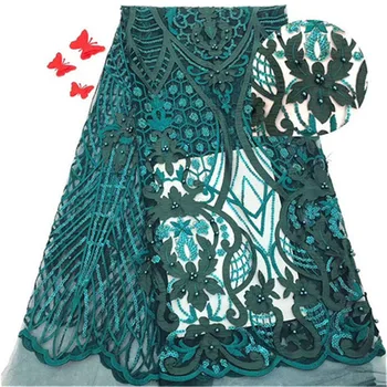 

2019 High Quality African Lace Fabric white green pink French Net Embroidery beads Tulle Lace Fabric For Nigerian Party