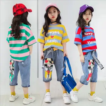 

Girls Sports Alphabet Set Two Fashionable Kids'Oceanic Stripe Geometric Elements Clothes in the New Kids' Suit of Summer 2019