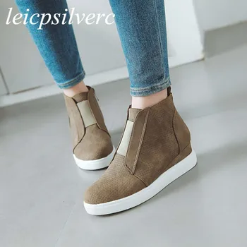 

Women Boots Autumn Winter Med Heel Warm Flock Platform Zip Ankle Basic Wedges Shoe 2018 Sweet New Fashion Black White Brown Gray