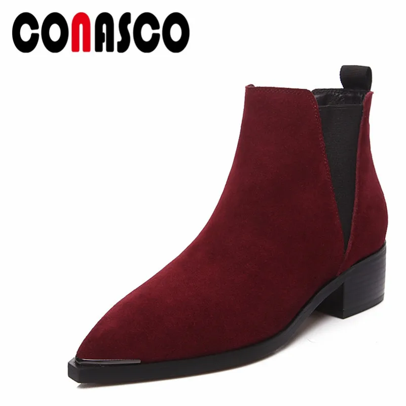 

CONASCO Women Ankle Chelsea Boots Cow Suede Autumn Winter Martin Shoes Woman Thick Heels Motorcycle Boots Female High Boots
