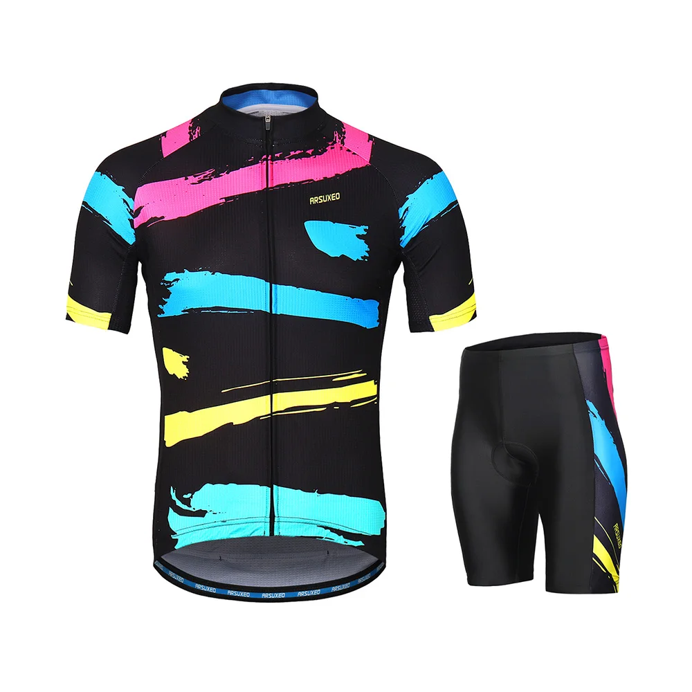ARSUXEO Для мужчин Велоспорт Джерси рубашка комплект Лето MTB велосипеда Велосипедная форма Set Quick-dry футболка с коротким рукавом 3D Подушка